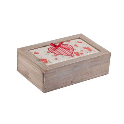Scatola rettangolare in legno - Col. Tessuto Ecru-Rosso cm 24x15xH8