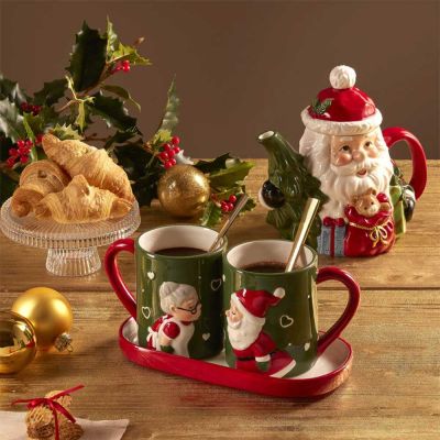 Set di 2 Tazze in ceramica con vassoio tema natalizio